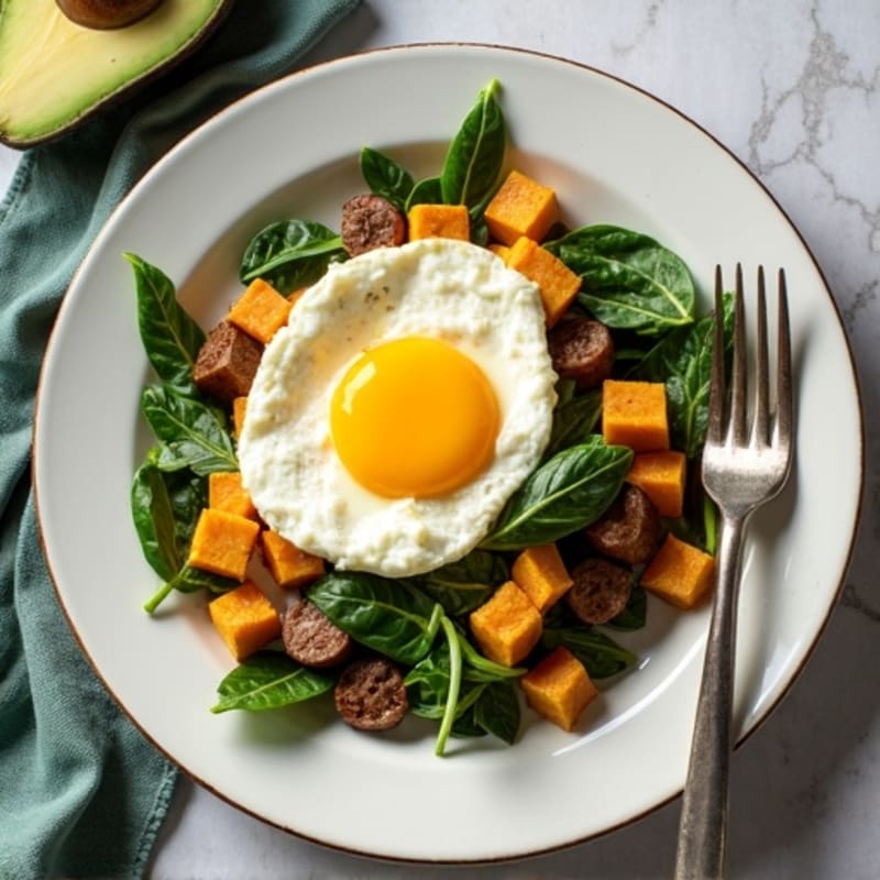 Egg White and Spinach Scramble with Turkey Sausage and Roasted Sweet Potato