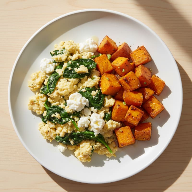 Cottage Cheese Scramble with Spinach and Roasted Sweet Potatoes