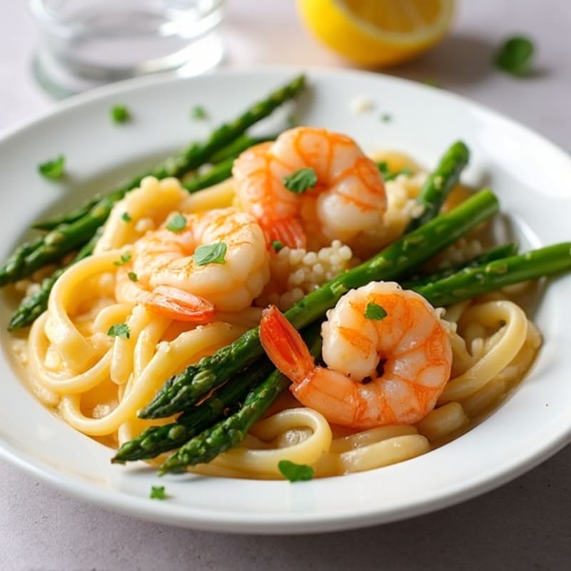 Creamy Lemon Garlic Shrimp Pasta with Roasted Asparagus