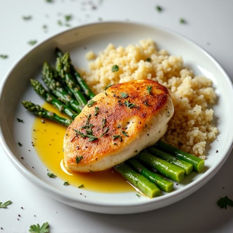 Tender Herb-Baked Chicken Breast with Crispy Roasted Asparagus and Fluffy Quinoa