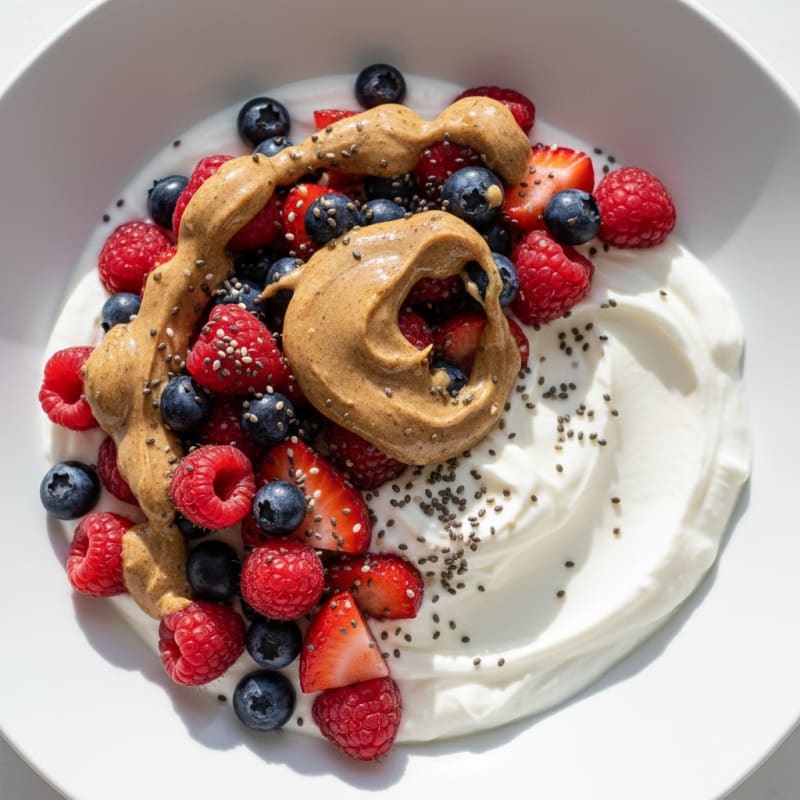 Greek Yogurt Bowl with Mixed Berries, Almond Butter and Chia Seeds