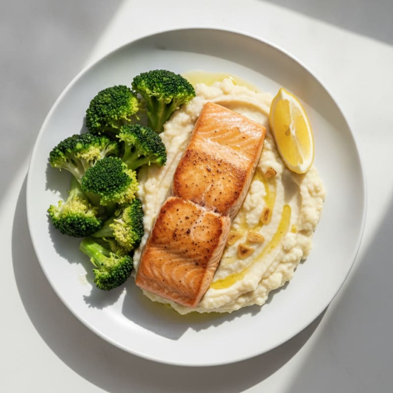 Seared Salmon with Steamed Broccoli and Garlic Cauliflower Mash