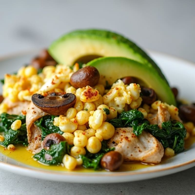 Egg White and Turkey Spinach Scramble with Sautéed Mushrooms