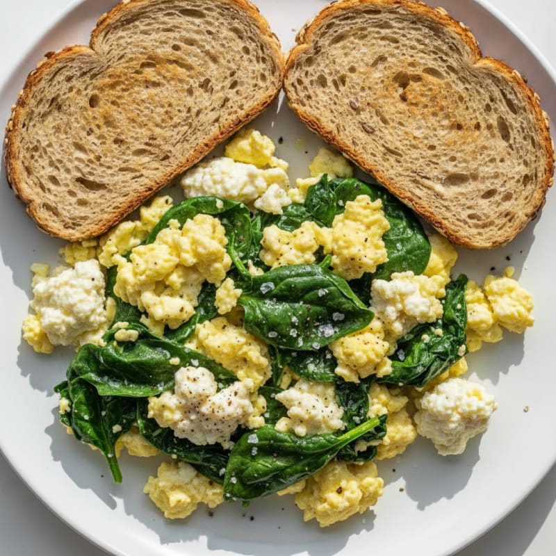Scrambled Eggs with Cottage Cheese and Sautéed Spinach
