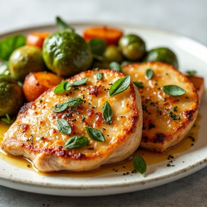 Lemon Herb Roasted Chicken with Crispy Brussels Sprouts and Sweet Potato