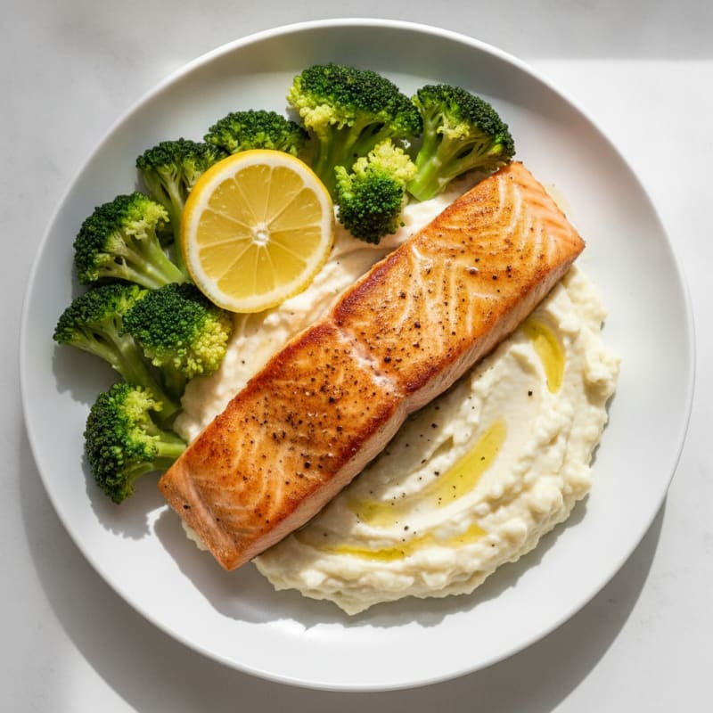 Seared Salmon Fillet with Steamed Broccoli and Garlic Cauliflower Mash
