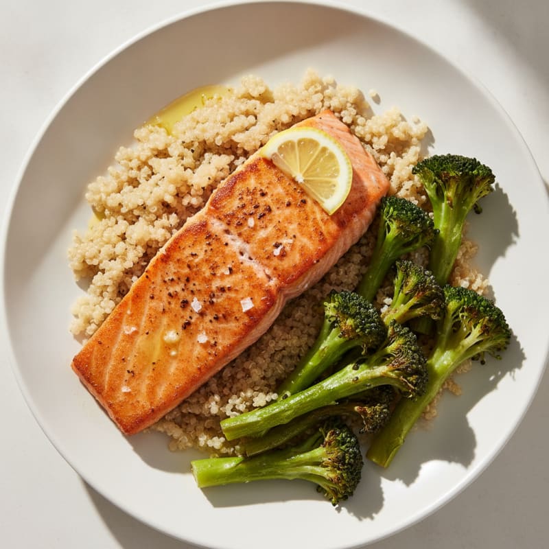 Seared Salmon Fillet with Roasted Broccoli and Quinoa