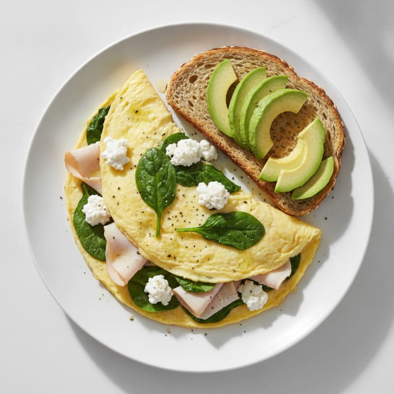 Egg White Spinach Omelet with Cottage Cheese and Sliced Turkey