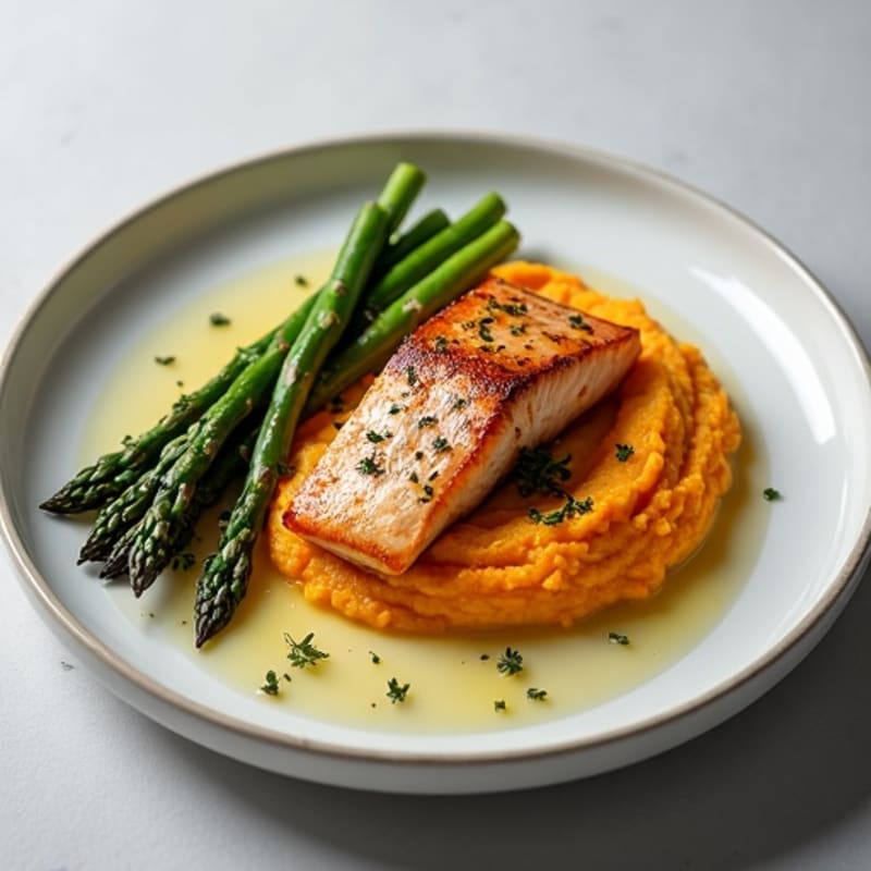 Seared Salmon with Roasted Asparagus and Sweet Potato Mash