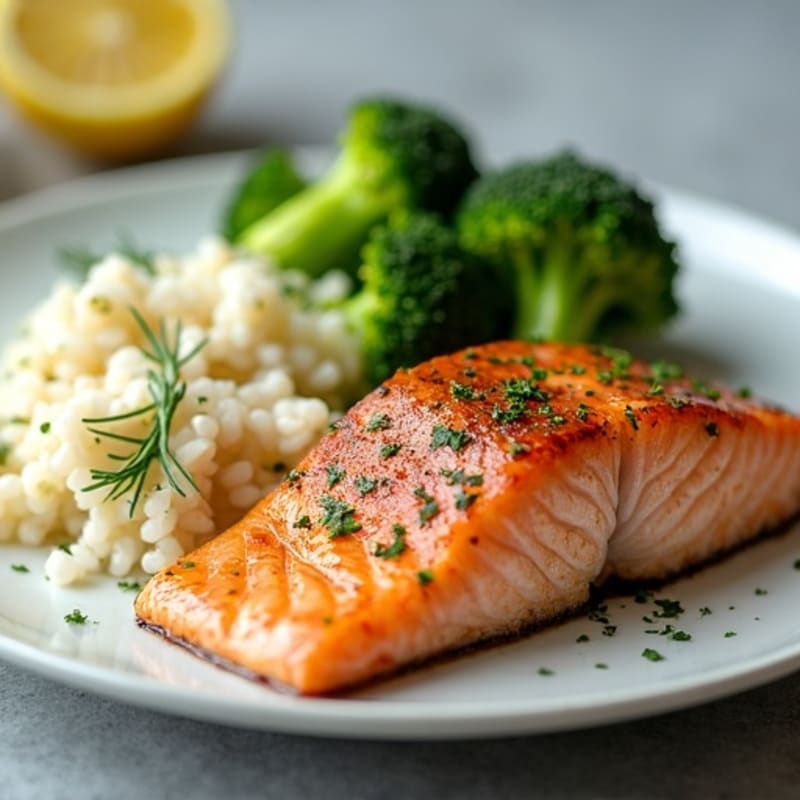 Seared Salmon with Roasted Broccoli and Lemon Herb Rice