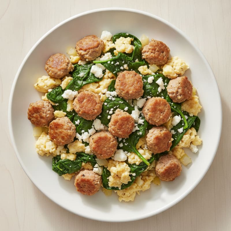 Egg White Scramble with Turkey Sausage and Sautéed Spinach