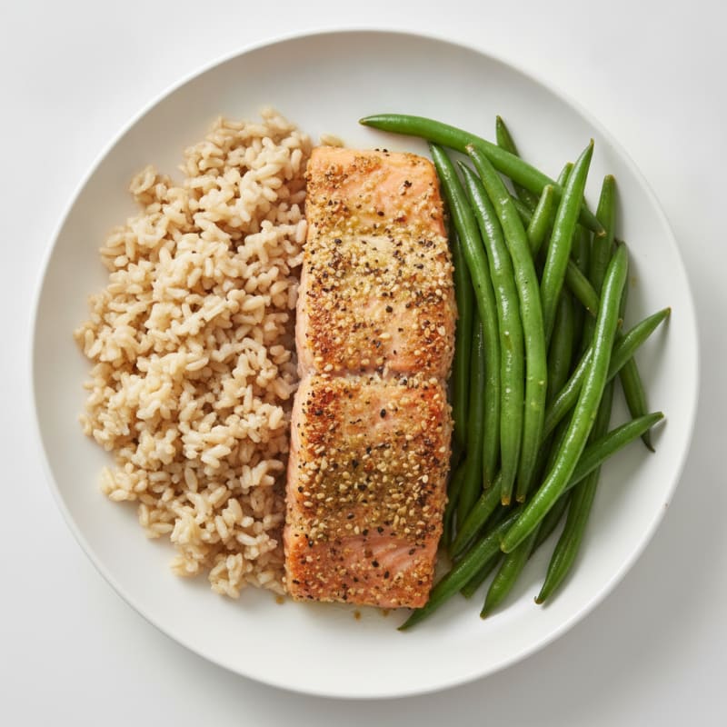 Seared Salmon Fillet with Steamed Green Beans and Brown Rice