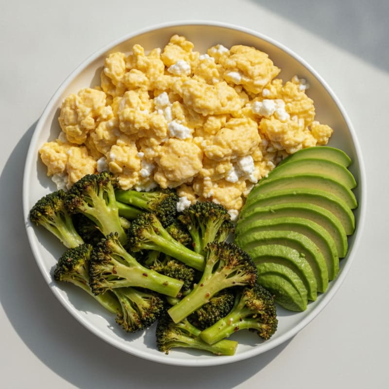 Scrambled Eggs with Sautéed Broccoli and Avocado