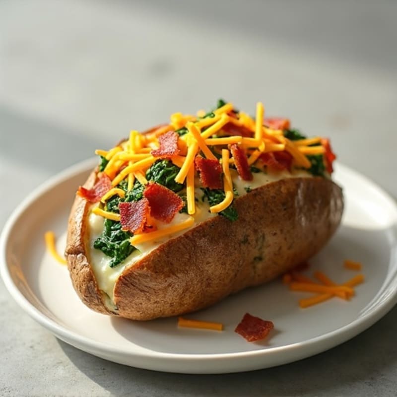Twice-Baked Potato with Crispy Turkey Bacon and Cheesy Spinach