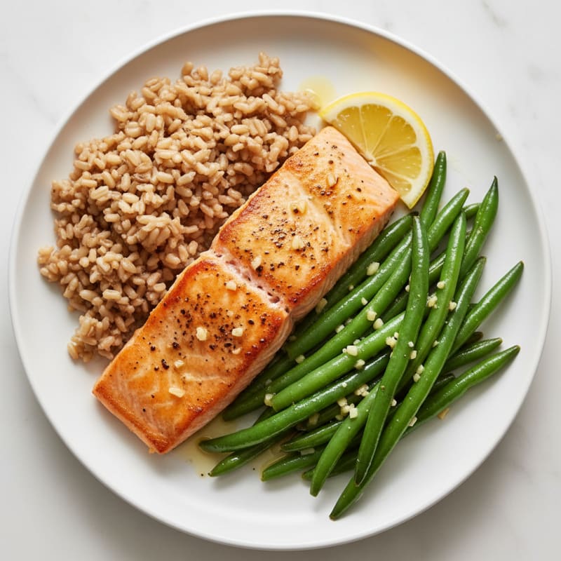 Seared Salmon with Garlic Green Beans and Brown Rice