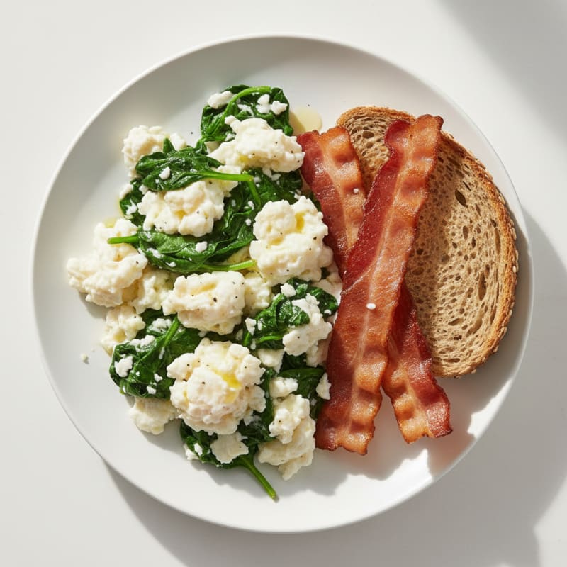 Scrambled Egg Whites with Sautéed Spinach and Turkey Bacon