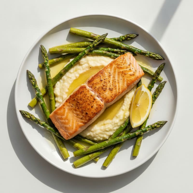 Seared Salmon Fillet with Roasted Asparagus and Cauliflower Mash
