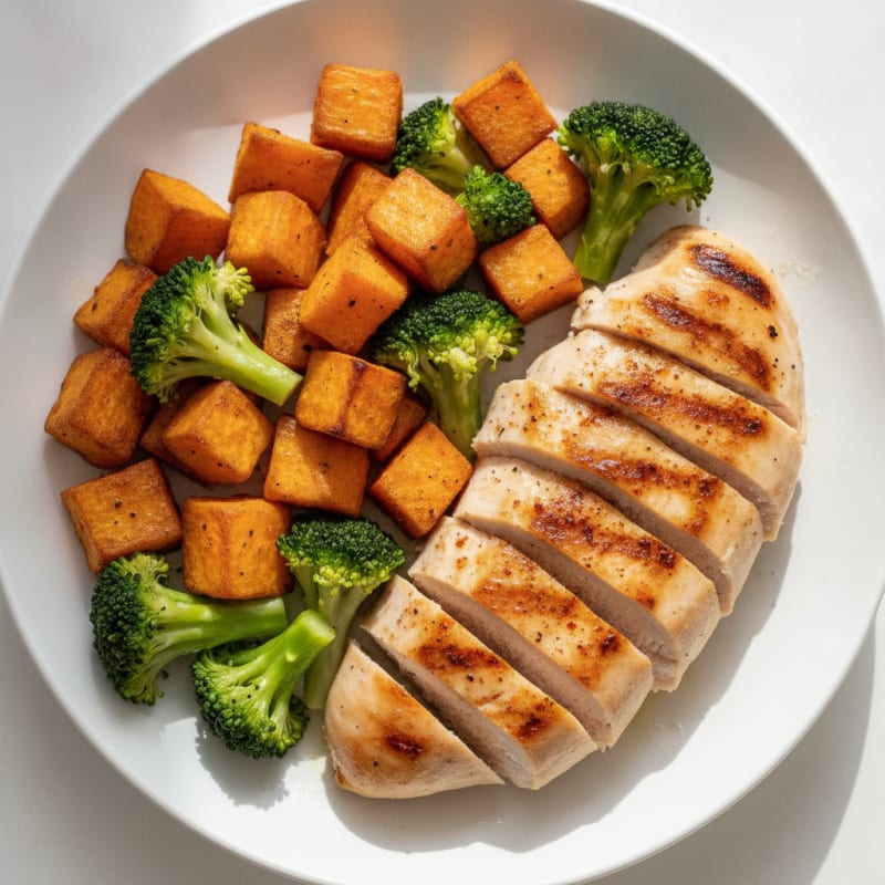 Grilled Chicken Breast with Roasted Sweet Potato and Steamed Broccoli