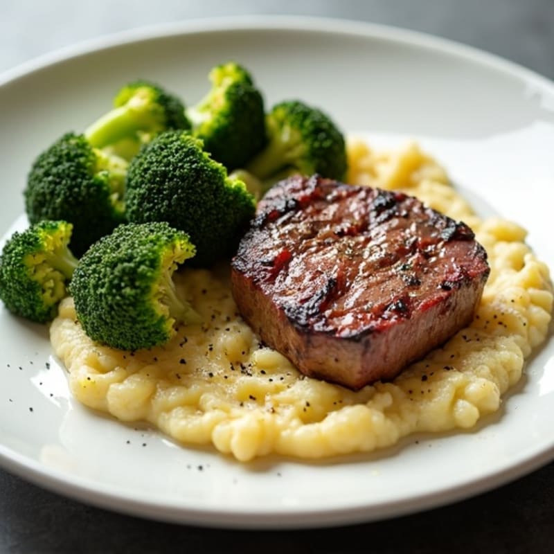 Seared Lean Beef with Roasted Broccoli and Cauliflower Mash