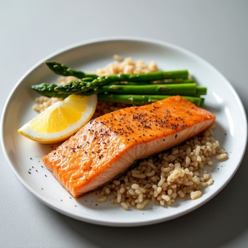 Seared Salmon with Steamed Asparagus and Brown Rice