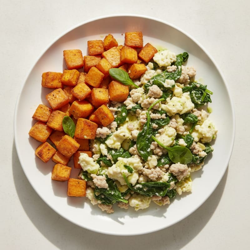 Egg White and Turkey Spinach Scramble with Roasted Sweet Potato