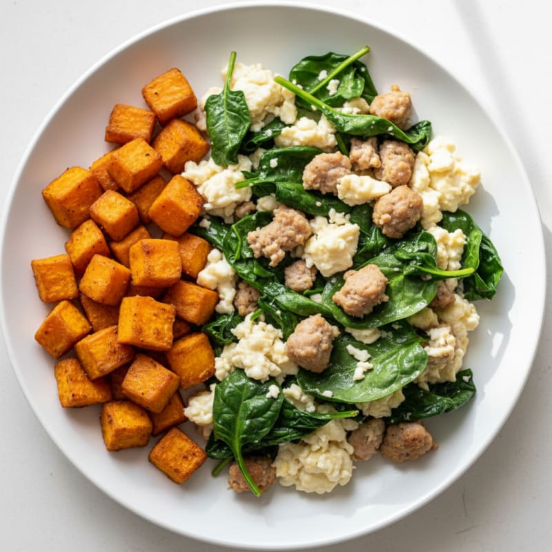Egg White and Turkey Sausage Scramble with Spinach and Roasted Sweet Potato