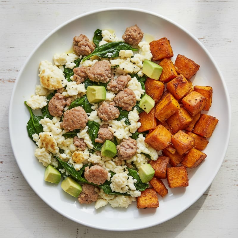 Egg White and Turkey Sausage Scramble with Spinach and Roasted Sweet Potatoes
