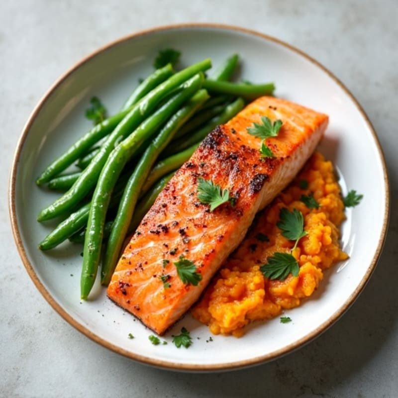 Seared Salmon Fillet with Garlic Green Beans and Sweet Potato Mash