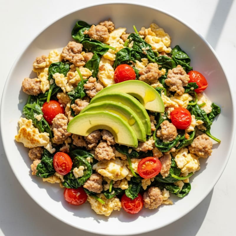 Egg White and Turkey Sausage Scramble with Spinach and Tomatoes