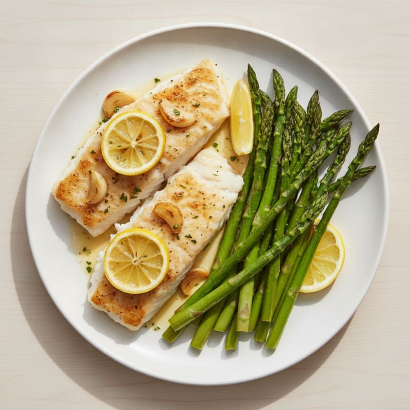 Baked Cod with Roasted Asparagus and Lemon