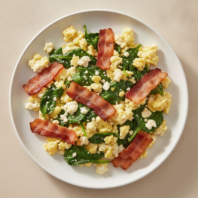 Cottage Cheese Egg Scramble with Spinach and Turkey Bacon