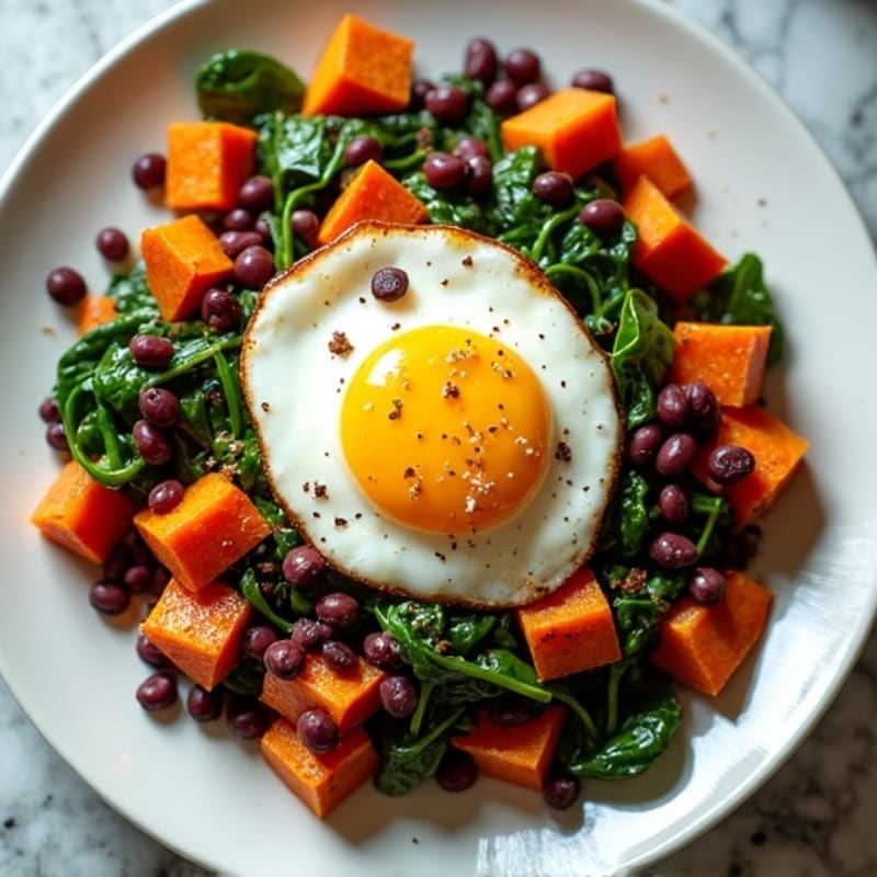 Crispy Sweet Potato and Egg Hash with Sautéed Greens