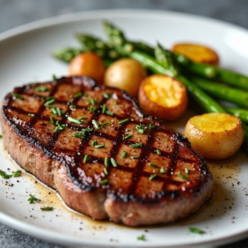 Pan-Seared Steak with Crispy Roasted Potatoes and Tender Asparagus