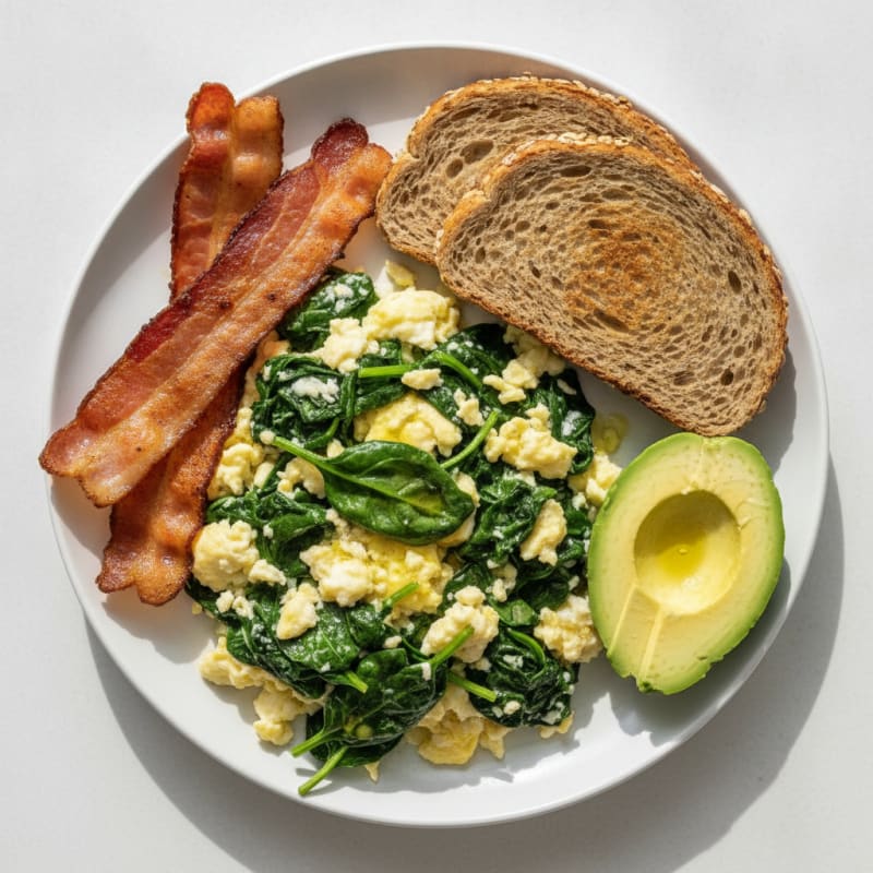 Crispy Turkey Bacon and Egg White Scramble with Sautéed Spinach