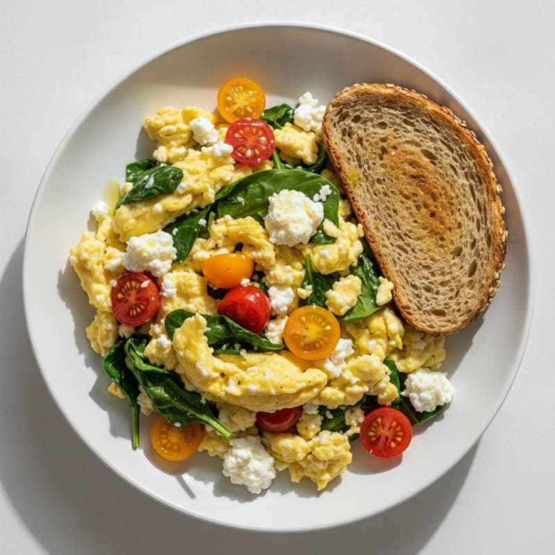 Cottage Cheese Egg Scramble with Spinach and Tomatoes