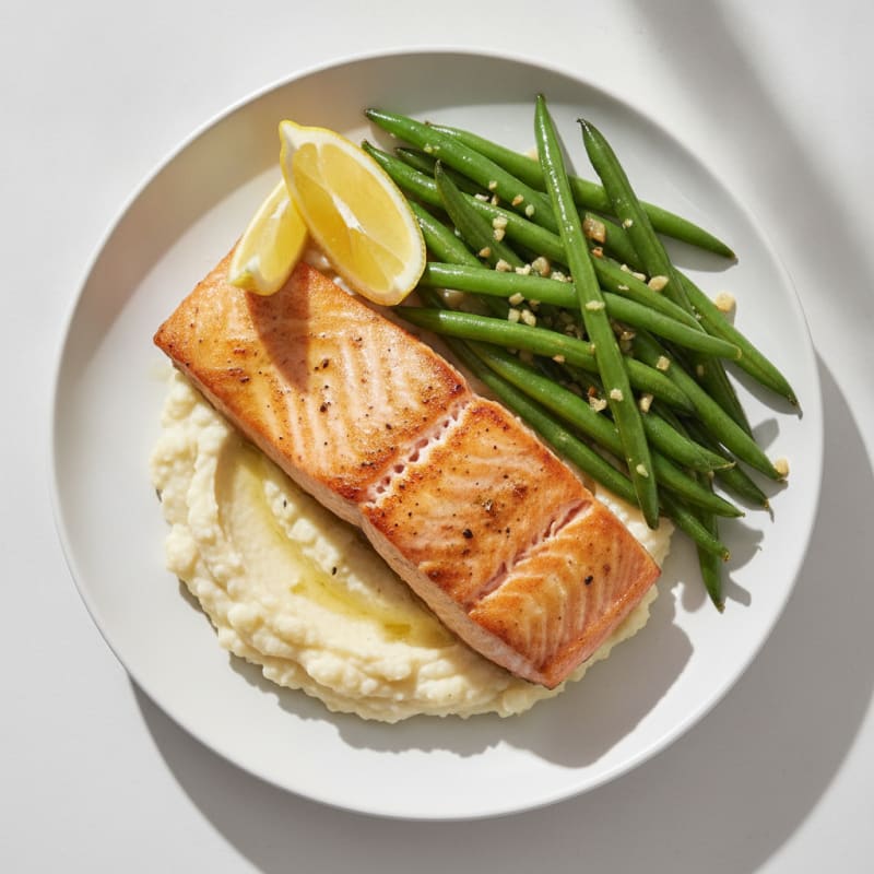 Seared Salmon Fillet with Garlic Green Beans and Cauliflower Mash