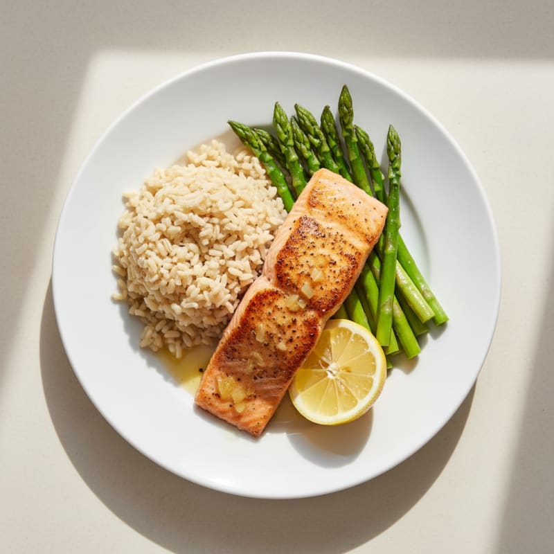 Seared Salmon with Steamed Asparagus and Brown Rice