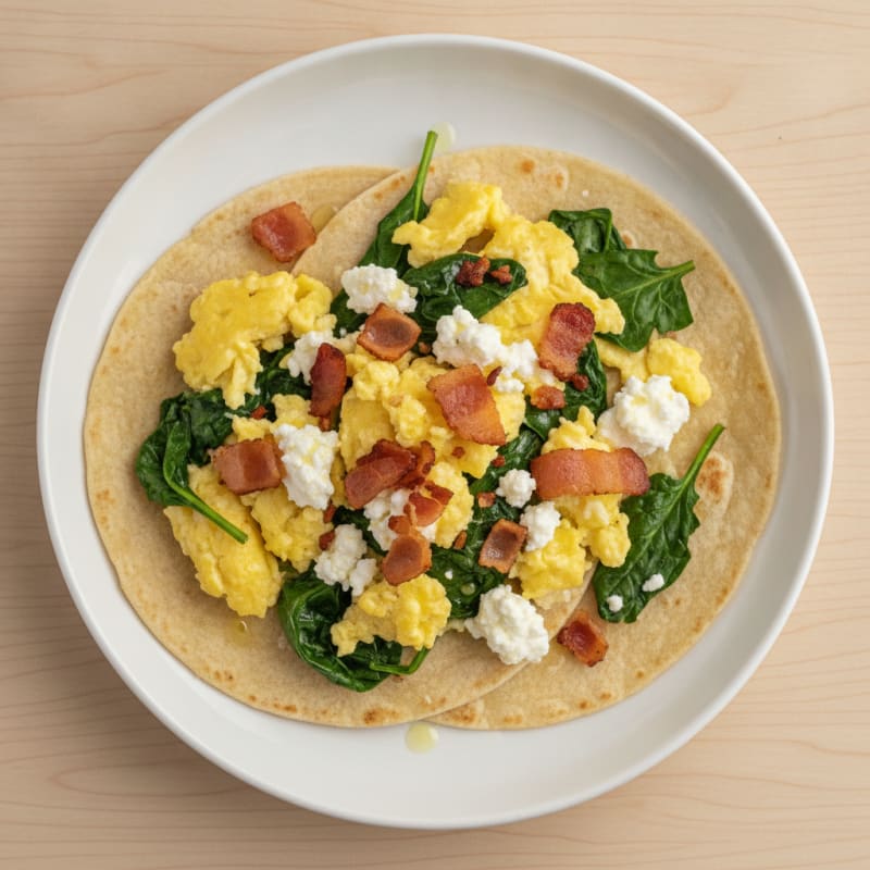 Cottage Cheese Egg Scramble with Spinach and Turkey Bacon