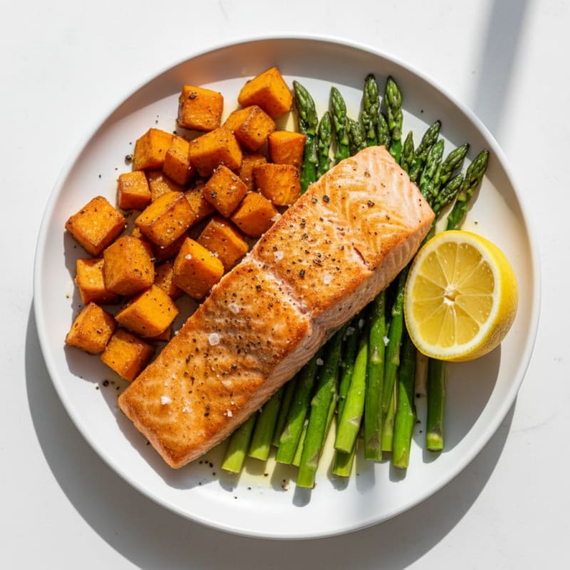 Golden Pan-Seared Salmon with Roasted Sweet Potatoes