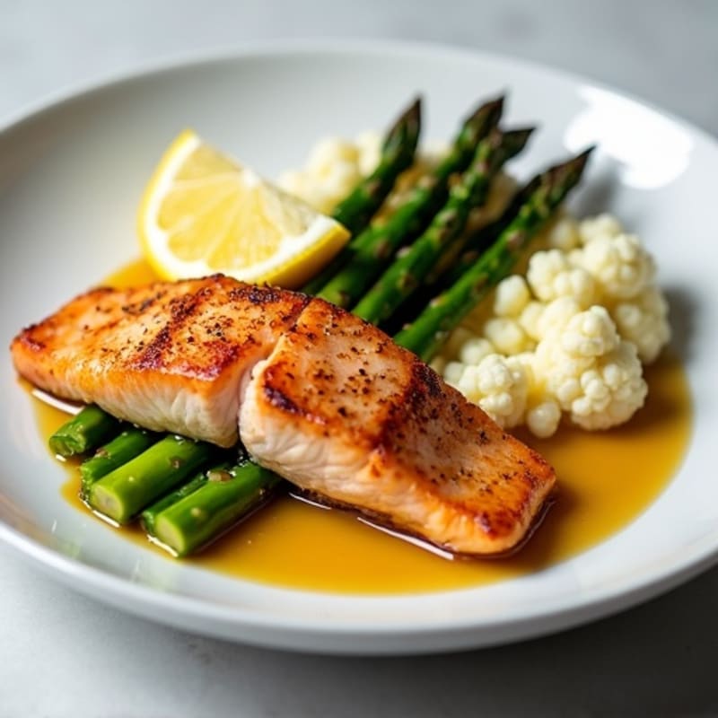 Seared Salmon with Steamed Asparagus and Cauliflower Mash