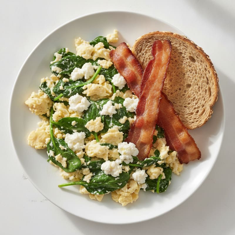 Egg White Spinach Scramble with Cottage Cheese and Turkey Bacon