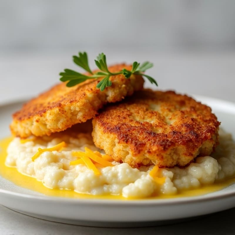 Crispy Pork Cutlets with Cheesy Cauliflower Mash