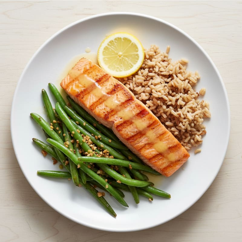 Seared Salmon with Garlic Green Beans and Brown Rice