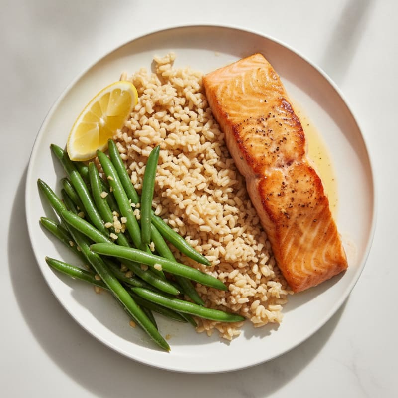 Seared Salmon with Garlic Green Beans and Brown Rice