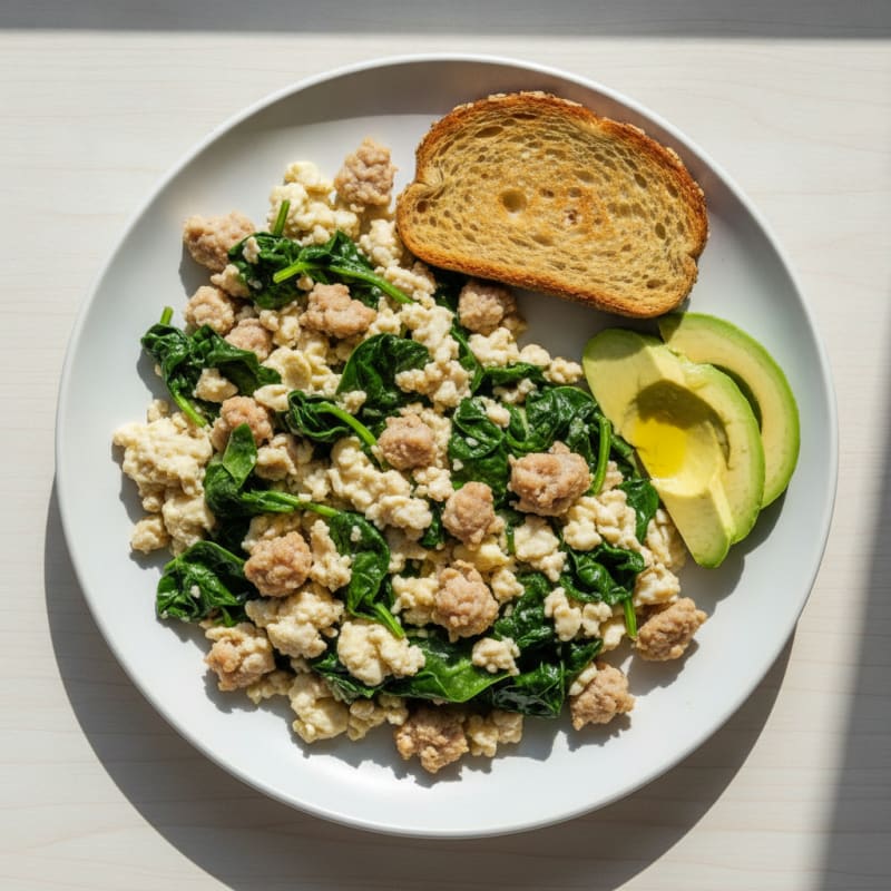 Egg White Scramble with Turkey Sausage and Sautéed Spinach