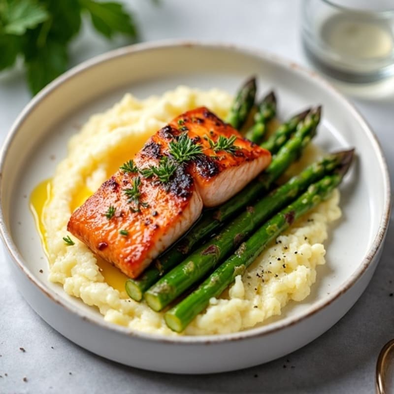 Seared Salmon with Steamed Asparagus and Cauliflower Mash
