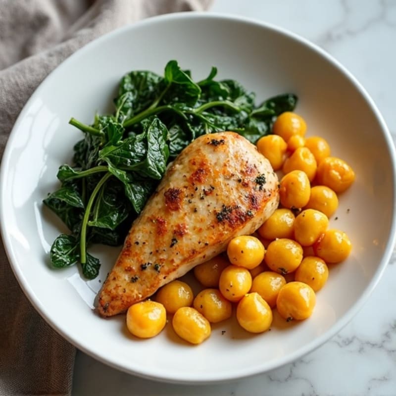Creamy Sweet Potato Gnocchi with Pan-Seared Chicken and Sautéed Greens