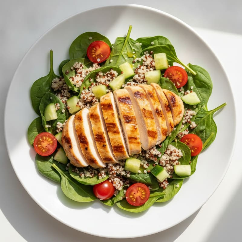 Grilled Chicken and Quinoa Power Salad with Spinach