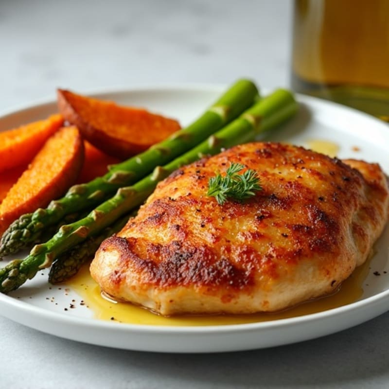Crispy Baked Chicken Thighs with Roasted Asparagus and Sweet Potato Fries