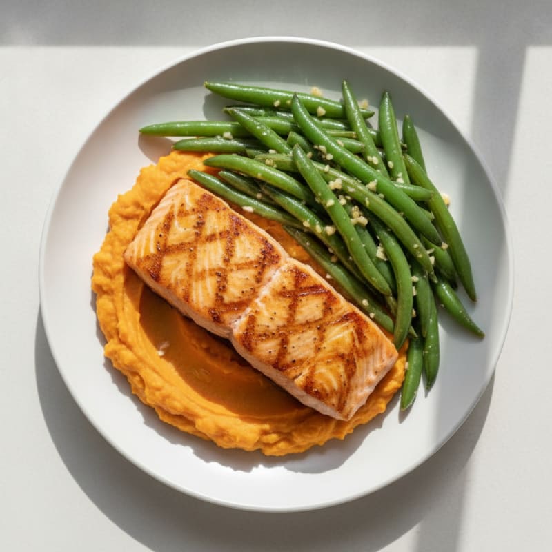 Seared Salmon with Garlic Green Beans and Sweet Potato Mash